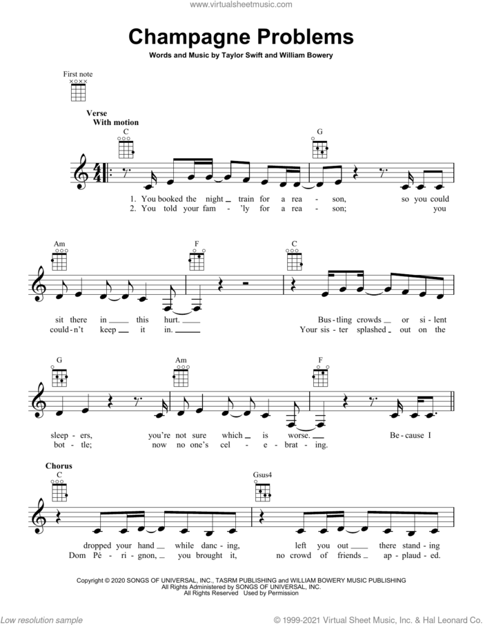 champagne problems sheet music for ukulele by Taylor Swift and William Bowery, intermediate skill level