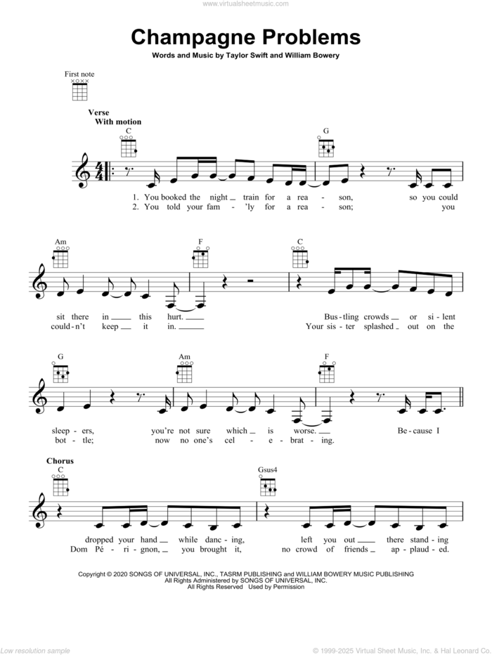 champagne problems sheet music for ukulele by Taylor Swift and William Bowery, intermediate skill level