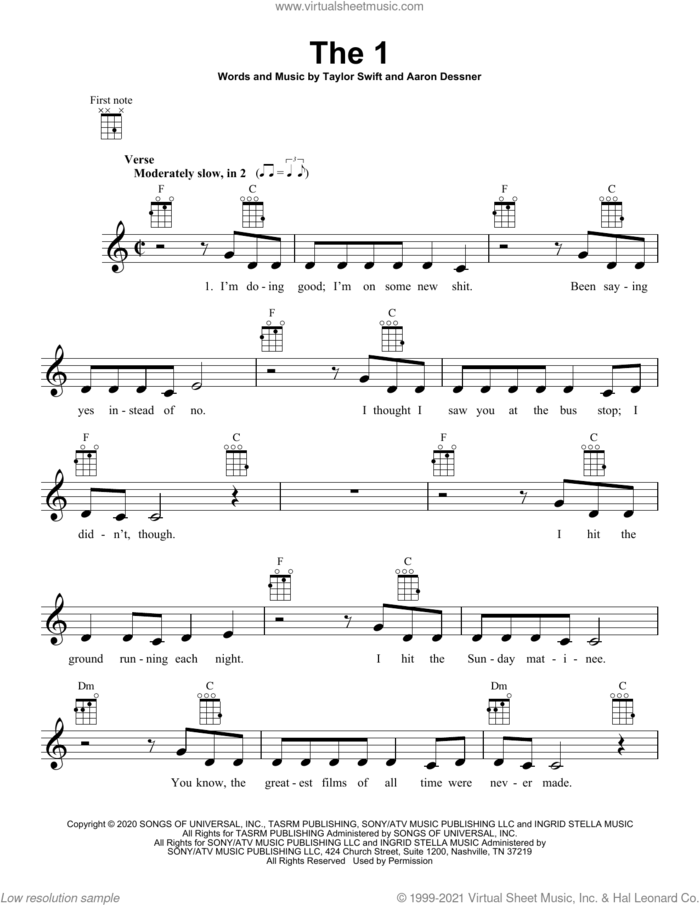 the 1 sheet music for ukulele by Taylor Swift and Aaron Dessner, intermediate skill level