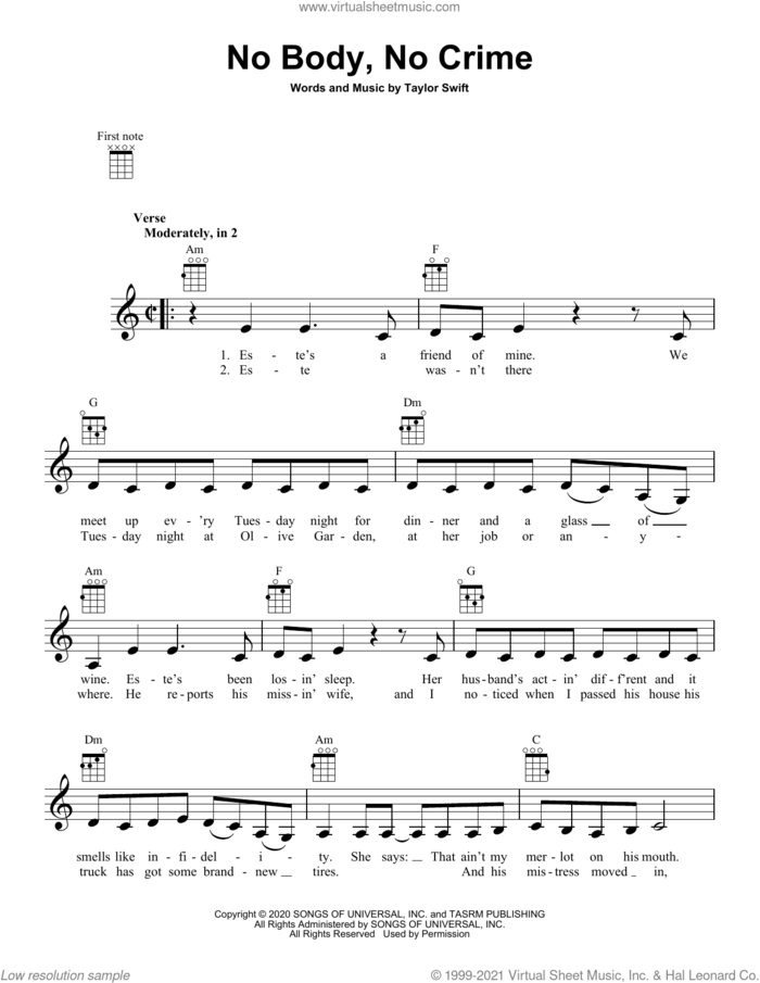 no body, no crime (feat. HAIM) sheet music for ukulele by Taylor Swift, intermediate skill level