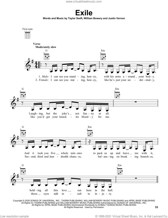 exile (feat. Bon Iver) sheet music for ukulele by Taylor Swift, Justin Vernon and William Bowery, intermediate skill level