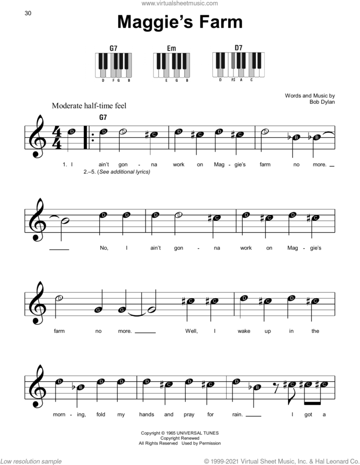 Maggie's Farm sheet music for piano solo by Bob Dylan, beginner skill level