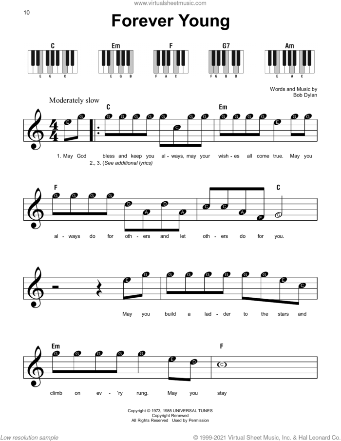 Forever Young sheet music for piano solo by Bob Dylan, beginner skill level