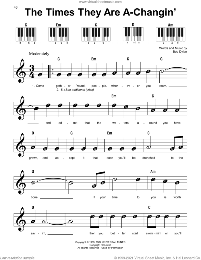 The Times They Are A-Changin' sheet music for piano solo by Bob Dylan, beginner skill level