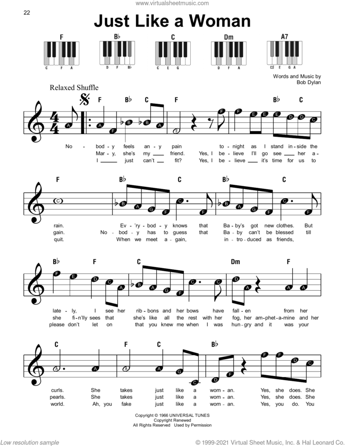 Just Like A Woman, (beginner) sheet music for piano solo by Bob Dylan, beginner skill level