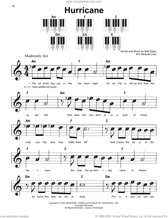 Hurricane sheet music for piano solo by Bob Dylan and Jacques Levy, beginner skill level