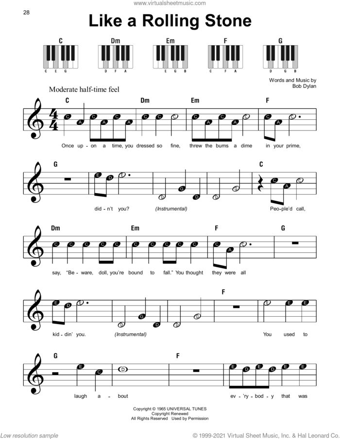 Like A Rolling Stone, (beginner) sheet music for piano solo by Bob Dylan, beginner skill level