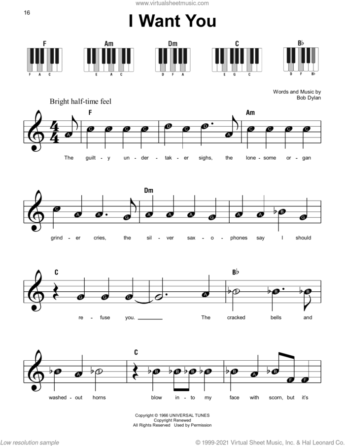 I Want You sheet music for piano solo by Bob Dylan, beginner skill level