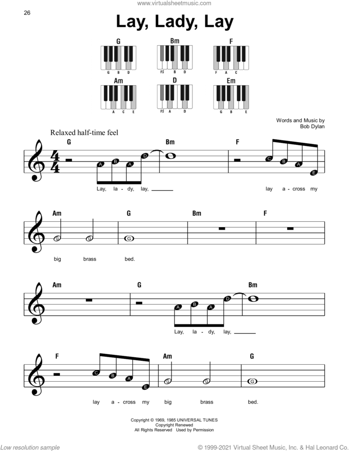 Lay, Lady, Lay sheet music for piano solo by Bob Dylan, beginner skill level