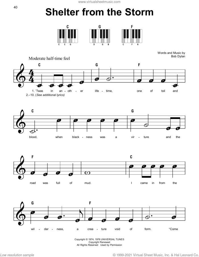Shelter From The Storm sheet music for piano solo by Bob Dylan, beginner skill level