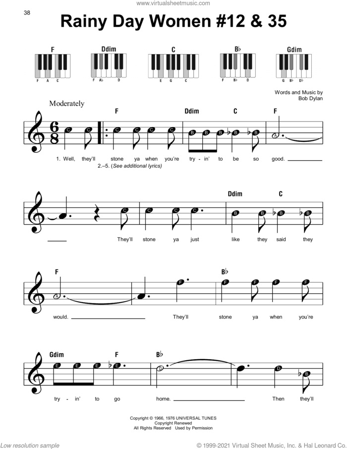 Rainy Day Women # 12 and 35 sheet music for piano solo by Bob Dylan, beginner skill level