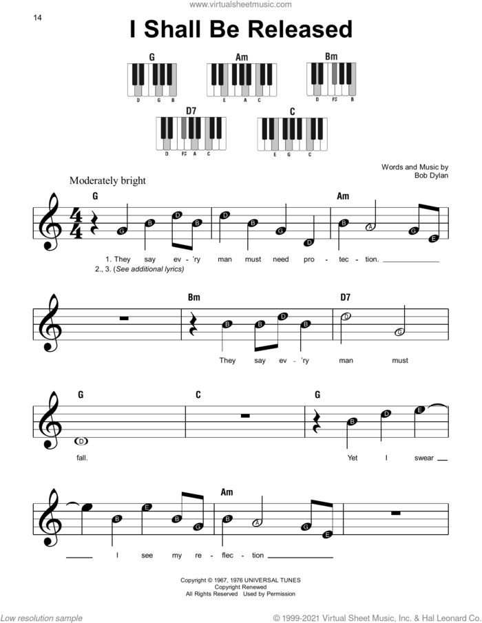I Shall Be Released sheet music for piano solo by Bob Dylan, beginner skill level