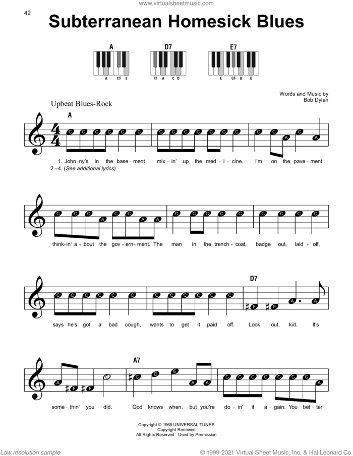 Subterranean Homesick Blues sheet music for piano solo by Bob Dylan, beginner skill level