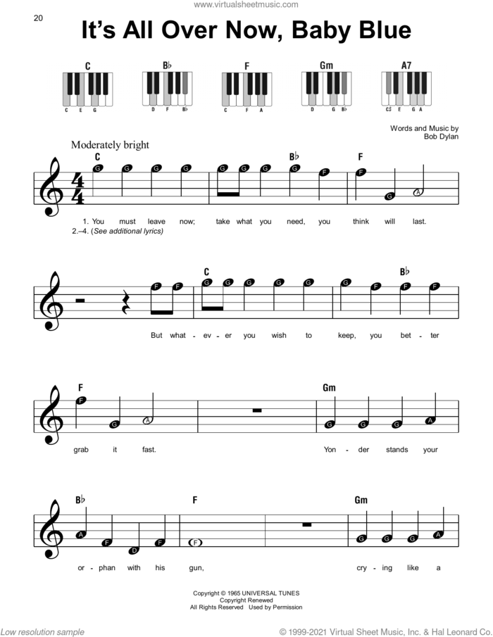 It's All Over Now, Baby Blue sheet music for piano solo by Bob Dylan, beginner skill level