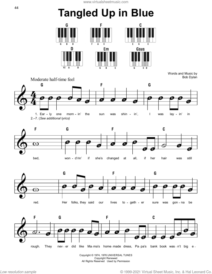 Tangled Up In Blue sheet music for piano solo by Bob Dylan, beginner skill level