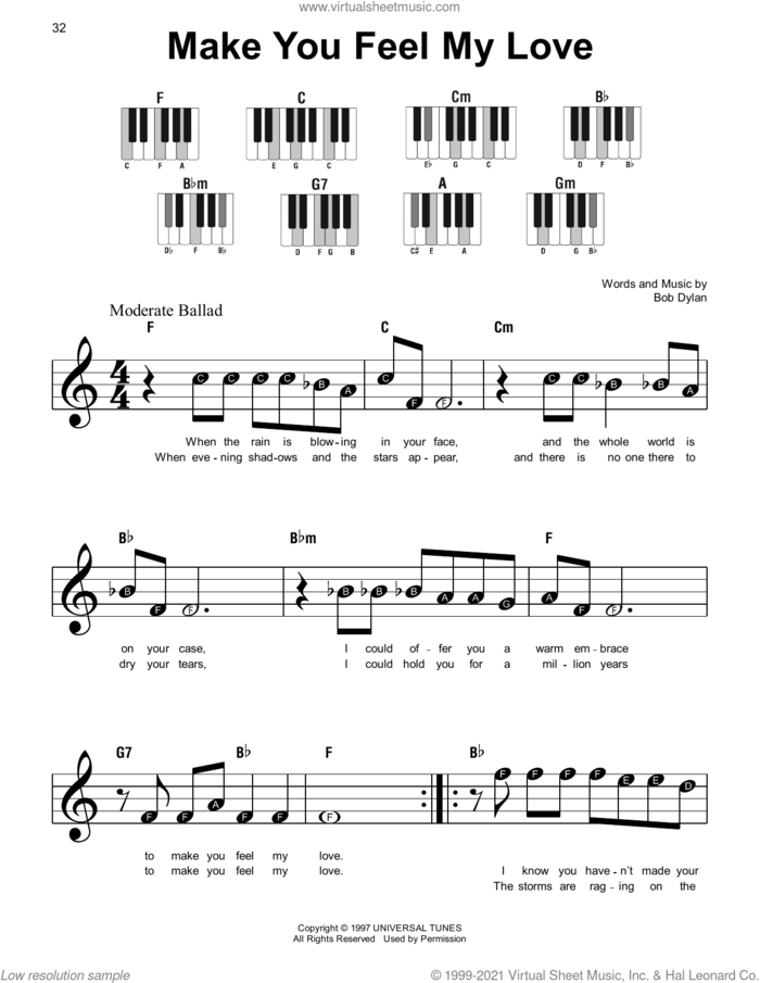 Make You Feel My Love sheet music for piano solo by Bob Dylan, beginner skill level