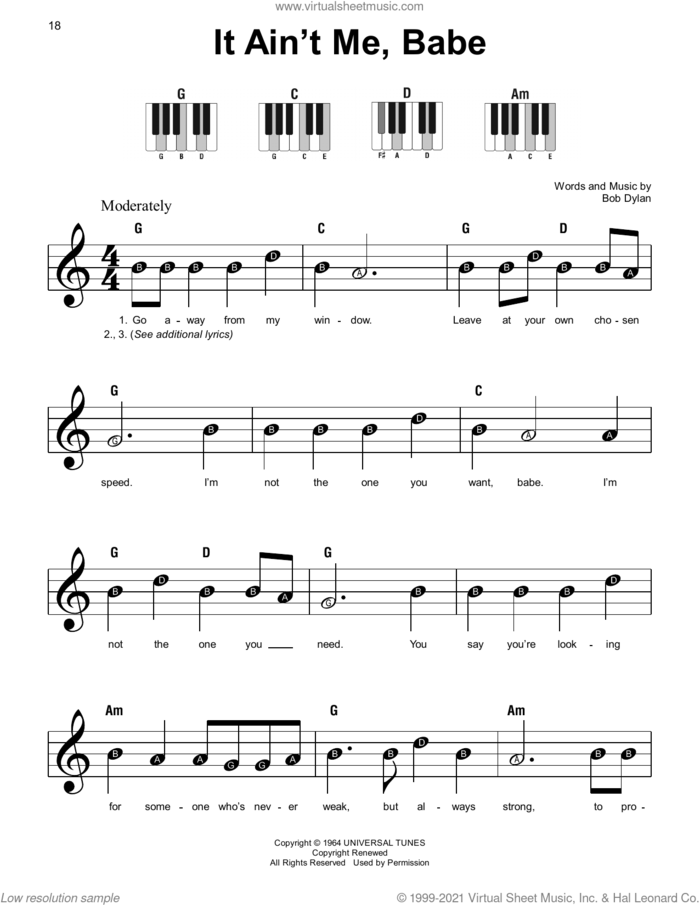 It Ain't Me, Babe sheet music for piano solo by Bob Dylan, beginner skill level