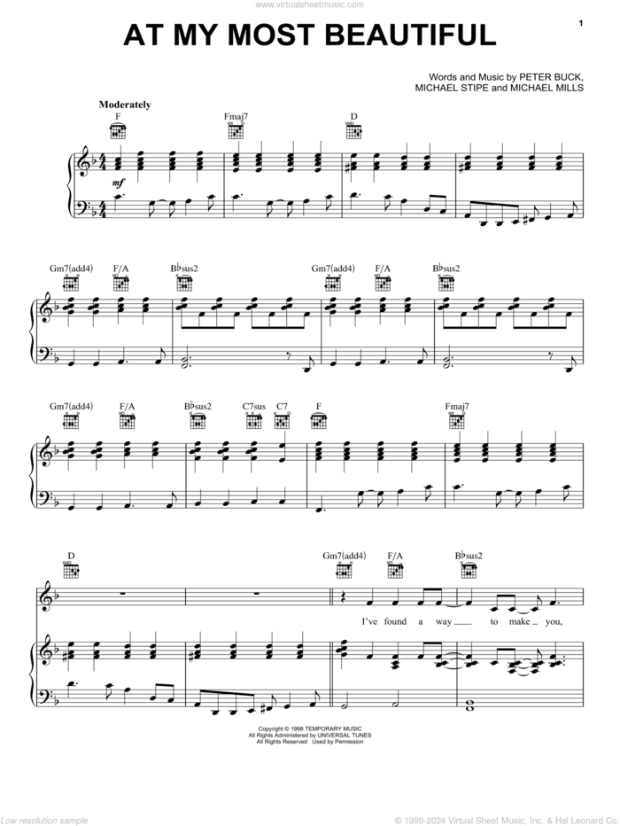 At My Most Beautiful sheet music for voice, piano or guitar by R.E.M., Michael Stipe, Mike Mills and Peter Buck, intermediate skill level