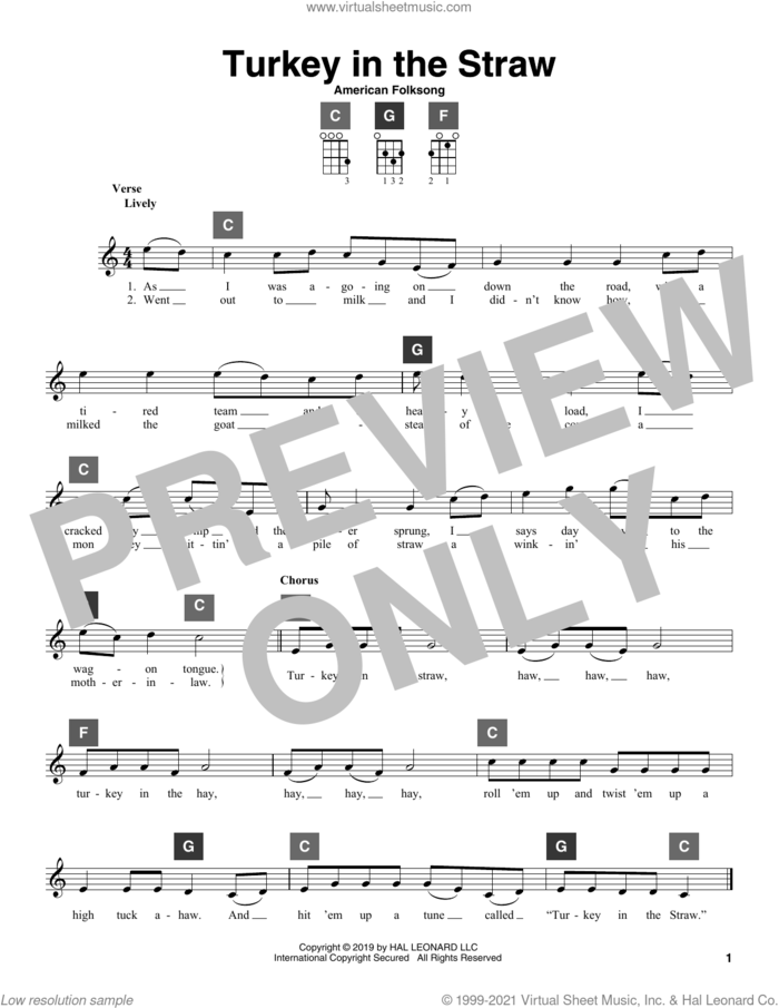 Turkey In The Straw sheet music for ukulele solo (ChordBuddy system) by American Folksong, intermediate ukulele (ChordBuddy system)