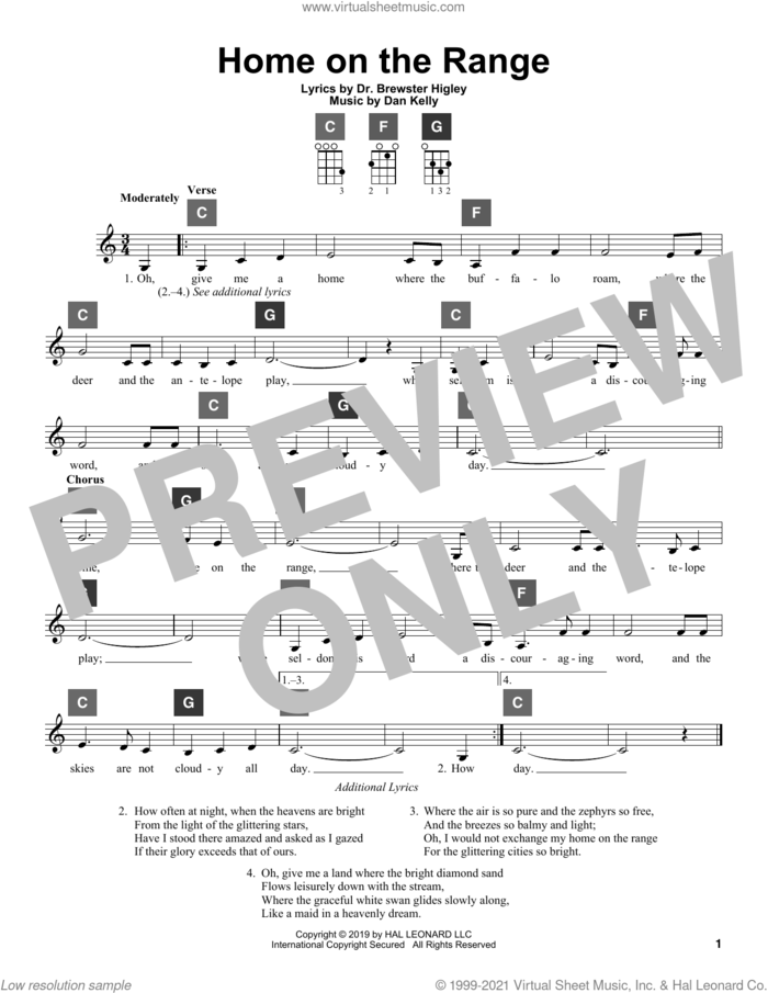 Home On The Range sheet music for ukulele solo (ChordBuddy system) by Dan Kelly and Dr. Brewster Higley, intermediate ukulele (ChordBuddy system)