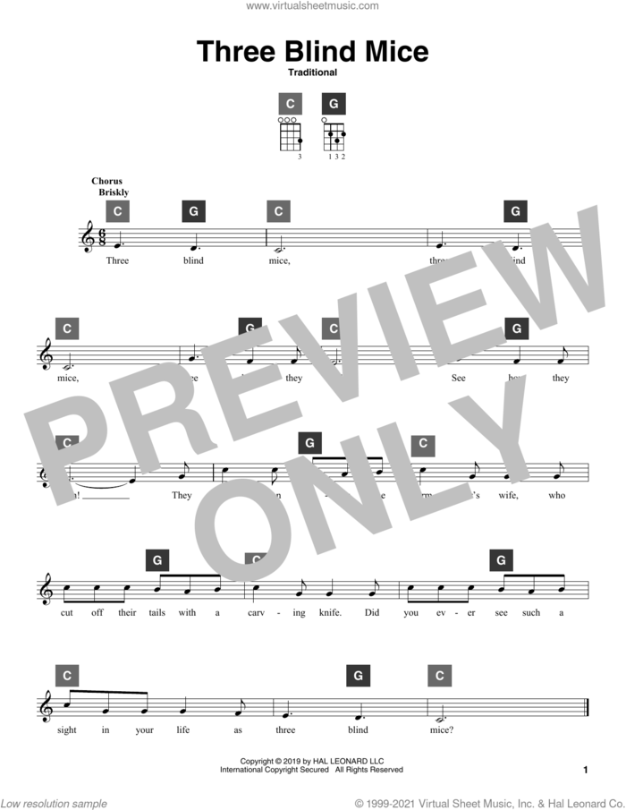 Three Blind Mice sheet music for ukulele solo (ChordBuddy system), intermediate ukulele (ChordBuddy system)