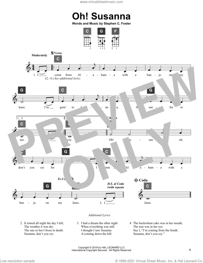 Oh! Susanna sheet music for ukulele solo (ChordBuddy system) by Stephen Foster, intermediate ukulele (ChordBuddy system)