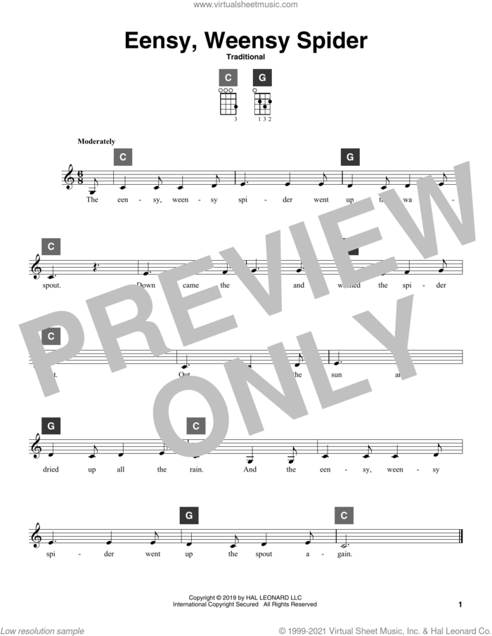 Eensy Weensy Spider sheet music for ukulele solo (ChordBuddy system), intermediate ukulele (ChordBuddy system)