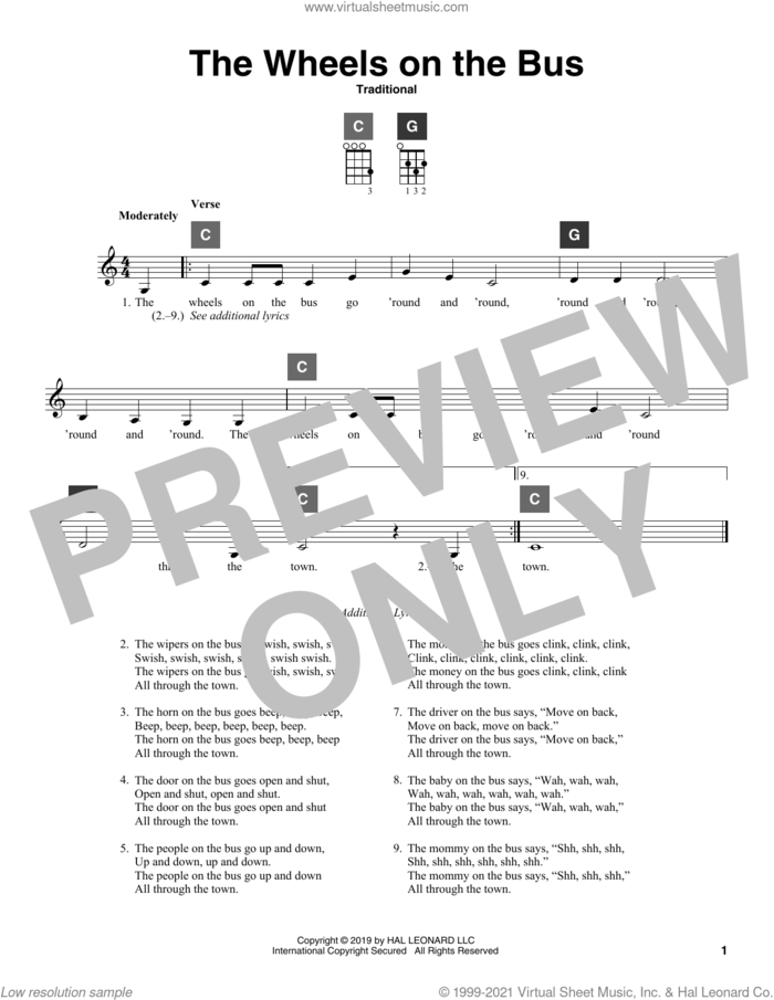 The Wheels On The Bus sheet music for ukulele solo (ChordBuddy system), intermediate ukulele (ChordBuddy system)
