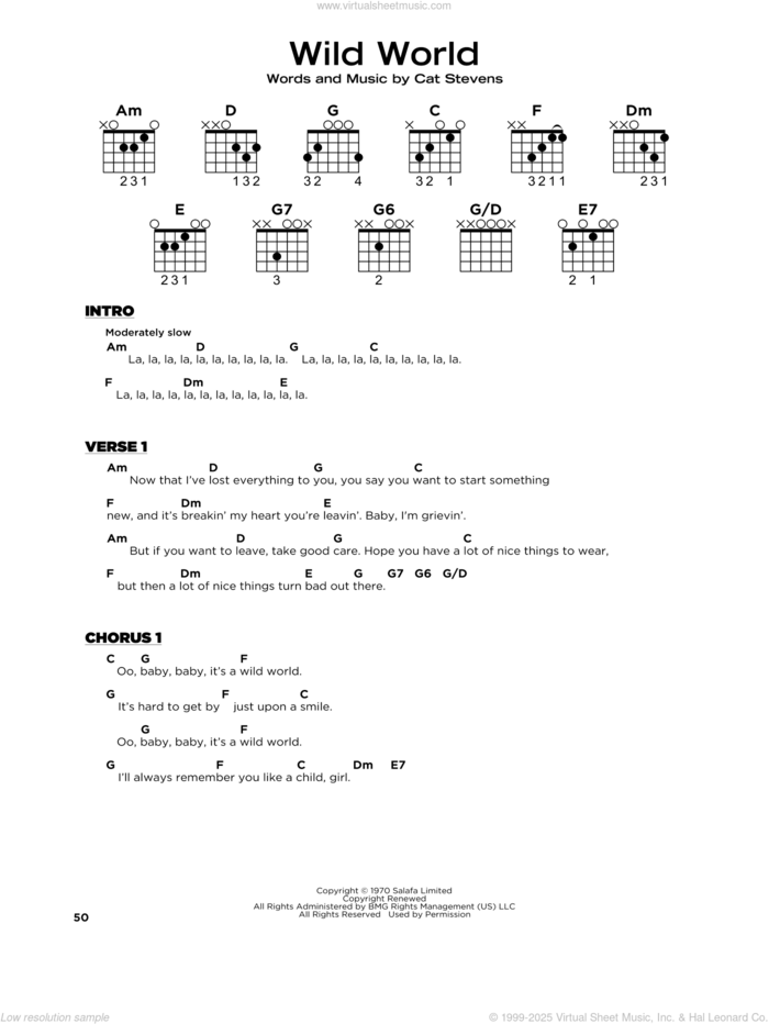 Wild World sheet music for guitar solo by Cat Stevens, beginner skill level