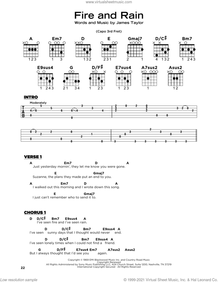 Fire And Rain, (beginner) sheet music for guitar solo by James Taylor, beginner skill level
