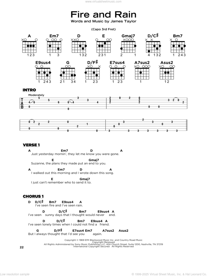 Fire And Rain, (beginner) sheet music for guitar solo by James Taylor, beginner skill level