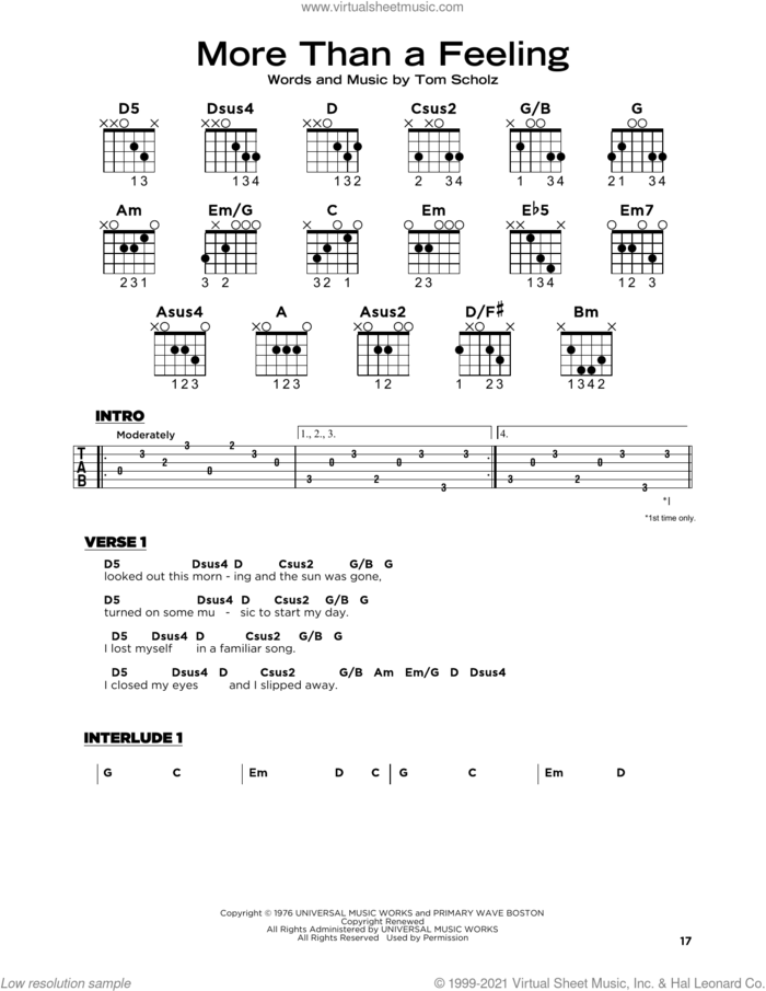 More Than A Feeling, (beginner) sheet music for guitar solo by Boston and Tom Scholz, beginner skill level
