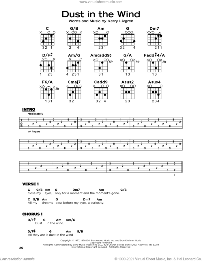 Dust In The Wind, (beginner) sheet music for guitar solo by Kansas and Kerry Livgren, beginner skill level