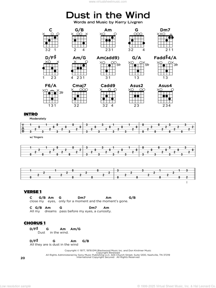 Dust In The Wind, (beginner) sheet music for guitar solo by Kansas and Kerry Livgren, beginner skill level