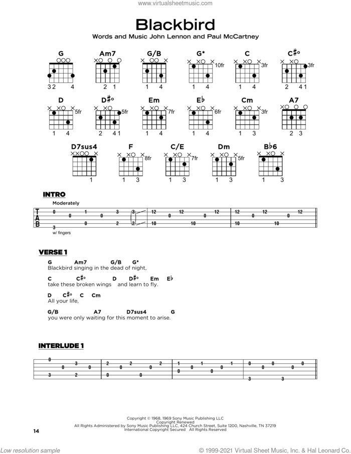 Blackbird, (beginner) sheet music for guitar solo by The Beatles, John Lennon and Paul McCartney, beginner skill level