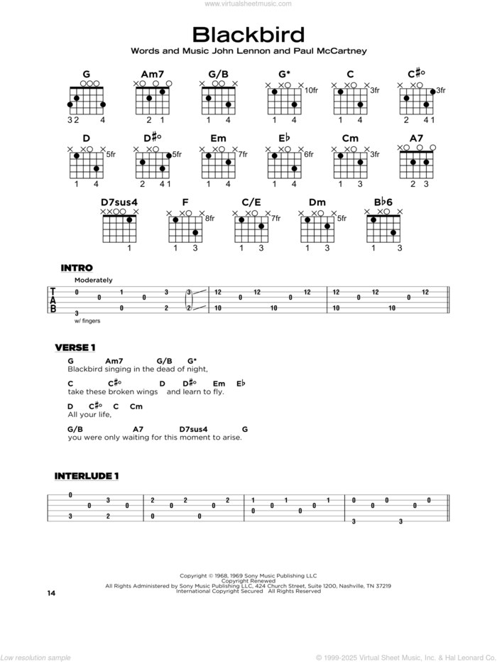 Blackbird, (beginner) sheet music for guitar solo by The Beatles, John Lennon and Paul McCartney, beginner skill level