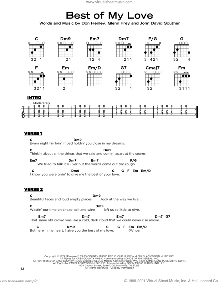 Best Of My Love sheet music for guitar solo by The Eagles, Don Henley, Glenn Frey and John David Souther, beginner skill level