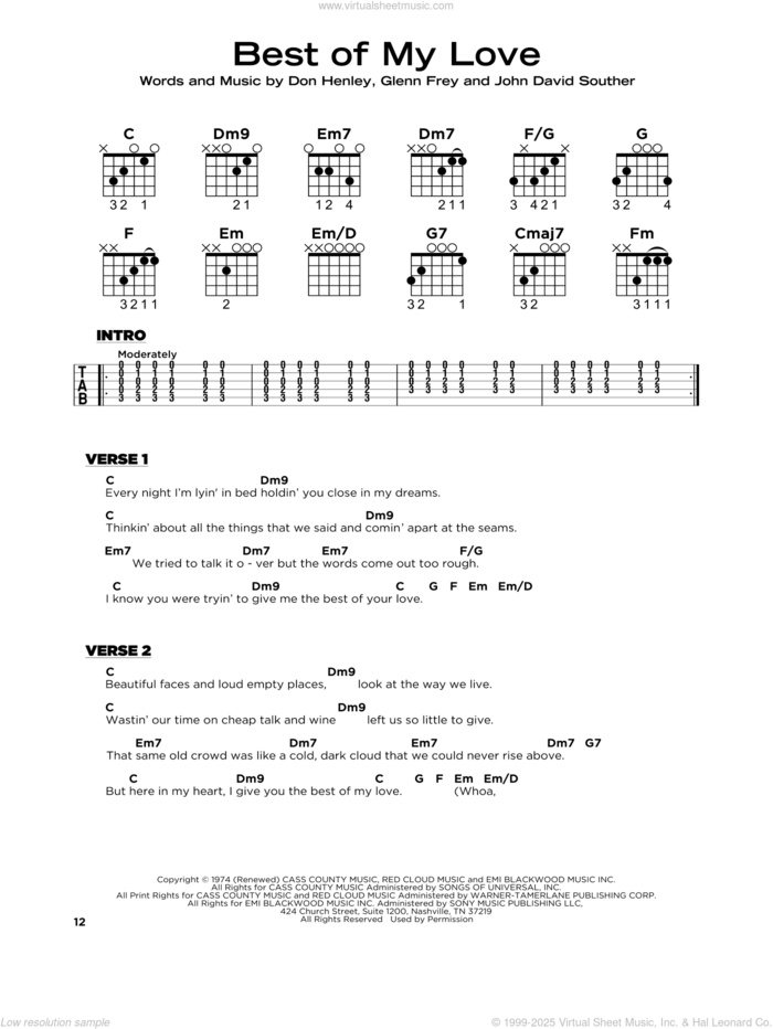 Best Of My Love sheet music for guitar solo by The Eagles, Don Henley, Glenn Frey and John David Souther, beginner skill level