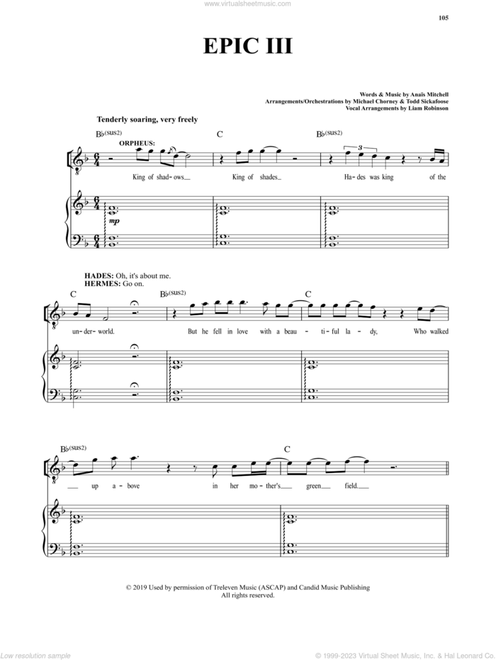 Epic III (from Hadestown) sheet music for voice and piano by Anais Mitchell, intermediate skill level