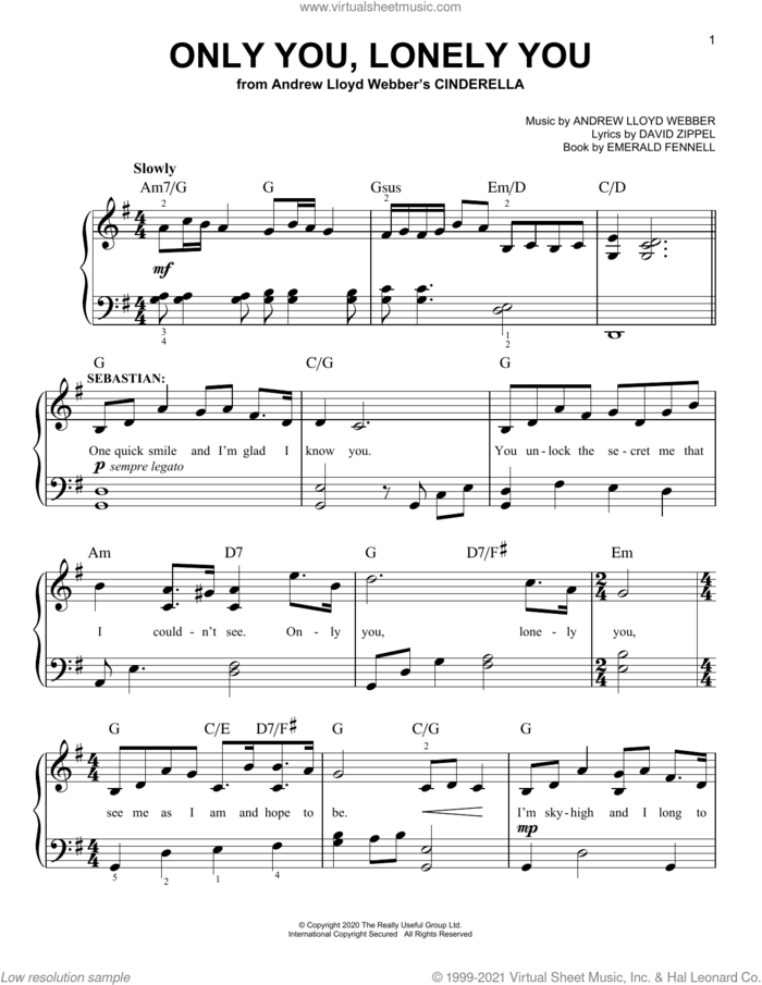 Only You, Lonely You (from Andrew Lloyd Webber's Cinderella) sheet music for piano solo by Andrew Lloyd Webber, David Zippel and Emerald Fennell, easy skill level