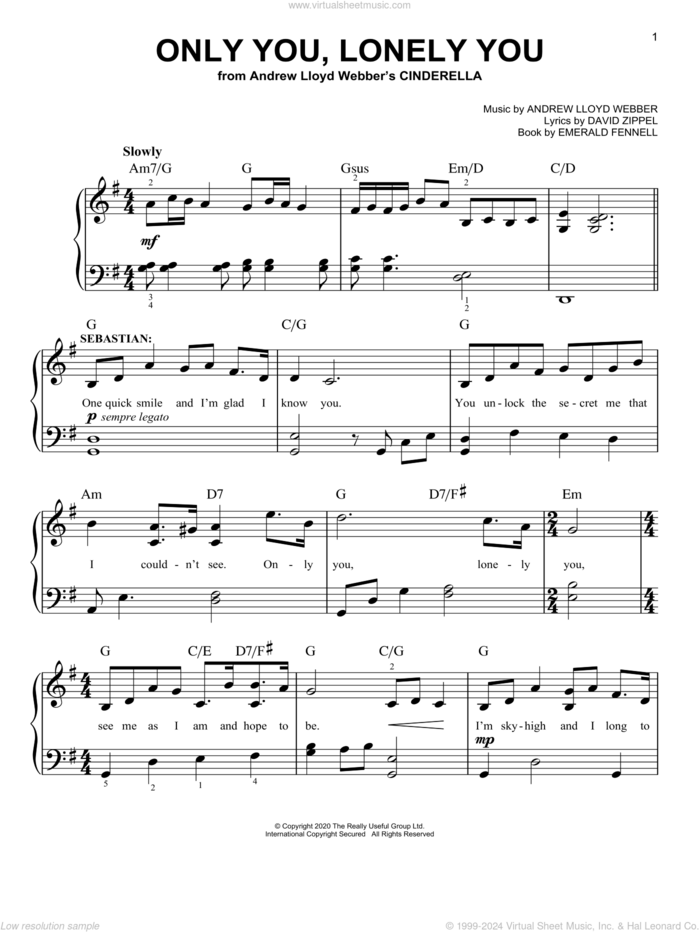 Only You, Lonely You (from Andrew Lloyd Webber's Cinderella) sheet music for piano solo by Andrew Lloyd Webber, David Zippel and Emerald Fennell, easy skill level