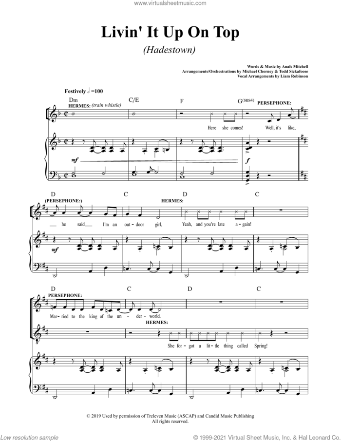 Livin' It Up On Top (from Hadestown) sheet music for voice and piano by Anais Mitchell, intermediate skill level