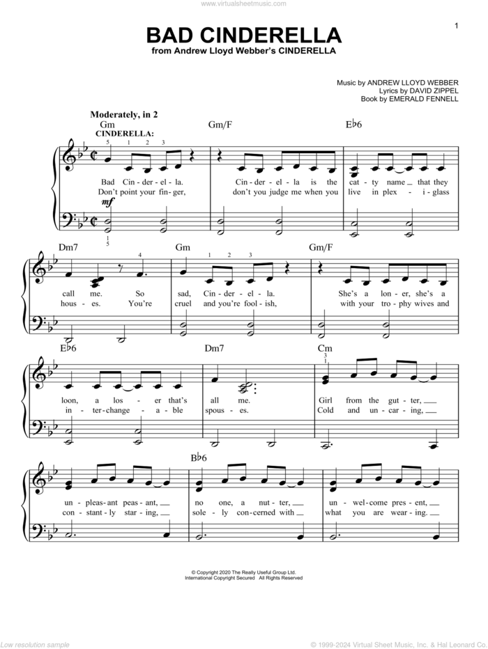 Bad Cinderella (from Andrew Lloyd Webber's Cinderella) sheet music for piano solo by Andrew Lloyd Webber, David Zippel and Emerald Fennell, easy skill level