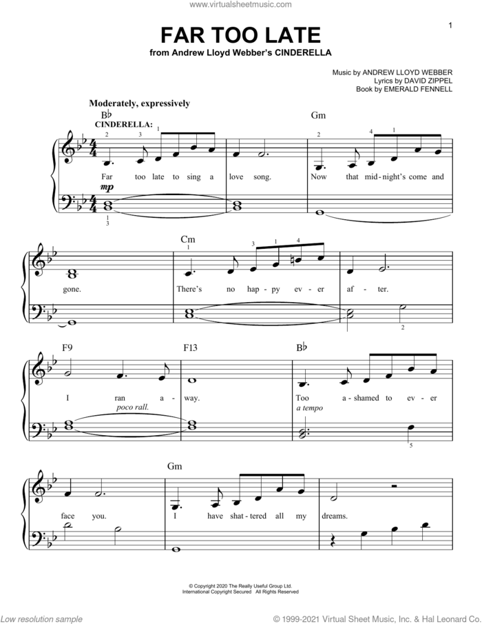 Far Too Late (from Andrew Lloyd Webber's Cinderella) sheet music for piano solo by Andrew Lloyd Webber, David Zippel and Emerald Fennell, easy skill level