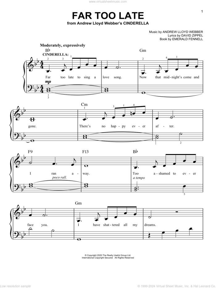 Far Too Late (from Andrew Lloyd Webber's Cinderella) sheet music for piano solo by Andrew Lloyd Webber, David Zippel and Emerald Fennell, easy skill level