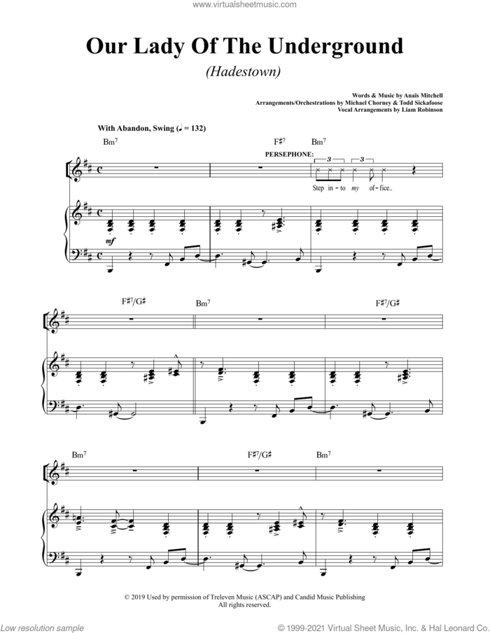 Our Lady Of The Underground (from Hadestown) sheet music for voice and piano by Anais Mitchell, intermediate skill level