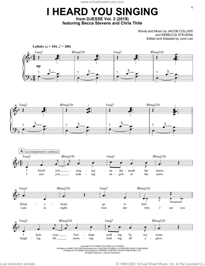 I Heard You Singing (feat. Becca Stevens and Chris Thile) sheet music for voice and piano by Jacob Collier and Rebecca Stevens, intermediate skill level