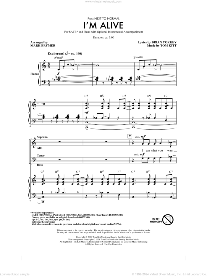 I'm Alive (from Next To Normal) (arr. Mark Brymer) sheet music for choir (SATB: soprano, alto, tenor, bass) by Tom Kitt, Mark Brymer, Brian Yorkey and Brian Yorkey & Tom Kitt, intermediate skill level