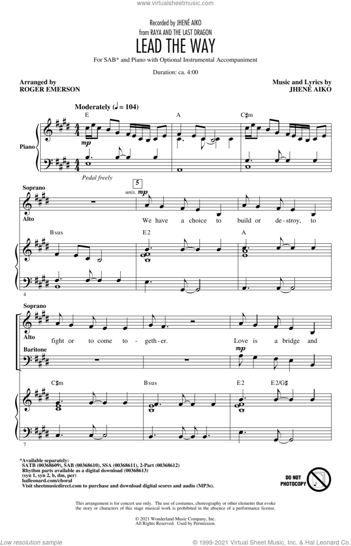 Lead The Way (from Disney's Raya And The Last Dragon) (arr. Roger Emerson) sheet music for choir (SAB: soprano, alto, bass) by Jhené Aiko and Roger Emerson, intermediate skill level
