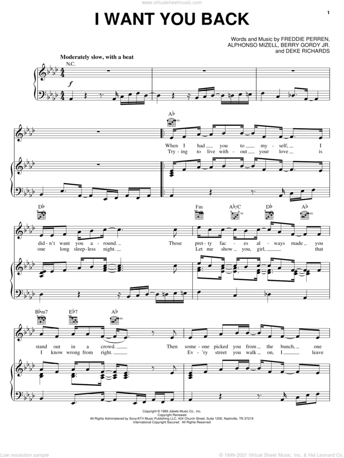 I Want You Back sheet music for voice, piano or guitar by The Jackson 5, Michael Jackson, Alphonso Mizell, Berry Gordy and Frederick Perren, intermediate skill level
